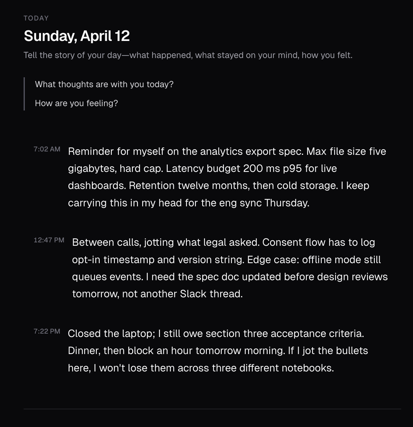 Quippe journal — a day's entries shown as timestamped thoughts